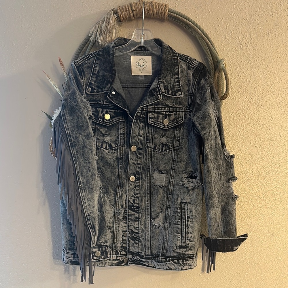Boutique Distressed Black Denim Jacket with Fringe